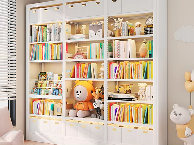Stylish White Full Wall Bookcase For Children With Colorful Books And Lovely Toy Decorations 3d model