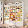 Stylish White Full Wall Bookcase For Children With Colorful Books And Lovely Toy Decorations