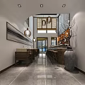 Modern Restaurant Interior Design With Bar Counter Wine Rack And Landscape Painting Backdrop