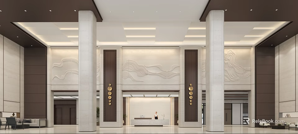 Elegant Lobby Reception Desk With Marble Walls Decorative Columns And Lighting Design 3d model 