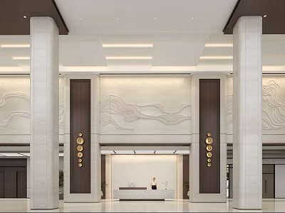 Elegant Lobby Reception Desk With Marble Walls Decorative Columns And Lighting Design 3d model