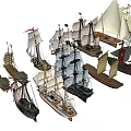 Vintage Sailing Ships With Red And White Sails Wooden Hull And Emblem Decorations