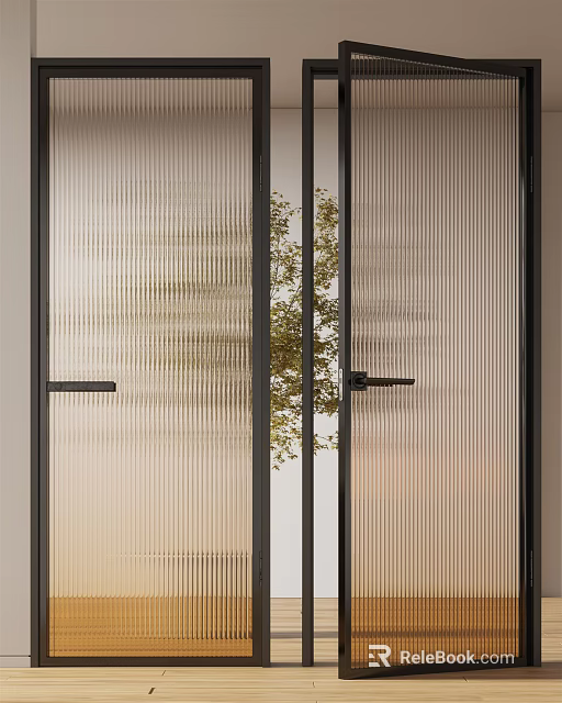 Modern Ribbed Glass Hinged Door Design With Black Frame And Tree Shadow 3d model