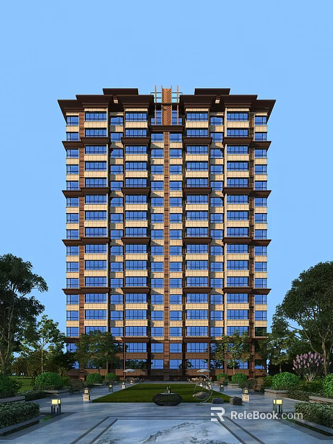 High Rise Residential Building With Brown Blue Glass Facade And Trees Under Clear Sky 3d model 