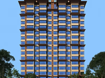 High Rise Residential Building With Brown Blue Glass Facade And Trees Under Clear Sky 3d model