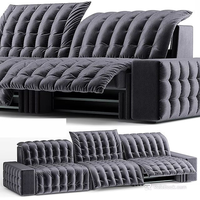 Gray Upholstered Three Seater Sofa With Pleated Design And Comfortable Cushions 3d model 