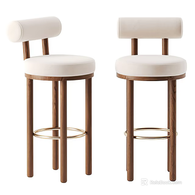 Modern Bar Stools With White Padded Seats And Backs Wooden Legs And Metal Footrest 3d model 