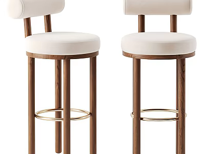 Modern Bar Stools With White Padded Seats And Backs Wooden Legs And Metal Footrest 3d model