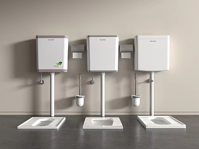 Three Modern Squat Toilets With White Water Tanks Mounted Above Light Walls And Gray Floor 3d model