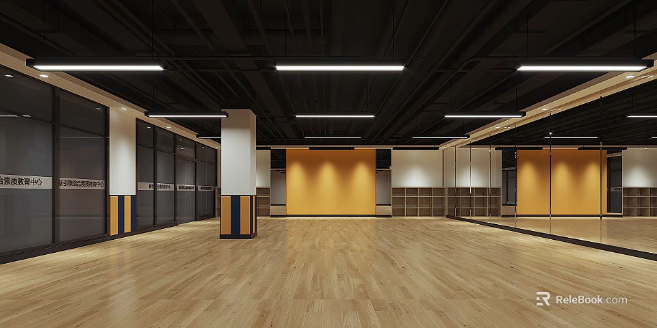 Spacious Fitness Studio With Wooden Floors Yellow Walls Black Ceilings White Columns And Storage Cabinets 3d model 