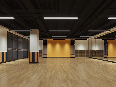 Spacious Fitness Studio With Wooden Floors Yellow Walls Black Ceilings White Columns And Storage Cabinets 3d model