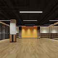 Spacious Fitness Studio With Wooden Floors Yellow Walls Black Ceilings White Columns And Storage Cabinets