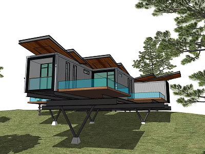 Modern Detached Villa With Glass Windows Terrace And Surrounding Trees On Grassland 3d model