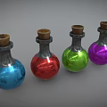 Four Glass Bottles With Wooden Corks Containing Blue Red Green Purple Colored Liquids