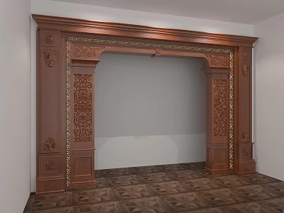Ornate Wooden Door Arch With Carved Details In Interior Room With Patterned Floor 3d model