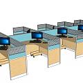 Modern Office Desks In Cubicle Workstations With Computer Monitors And Partitions 3d model