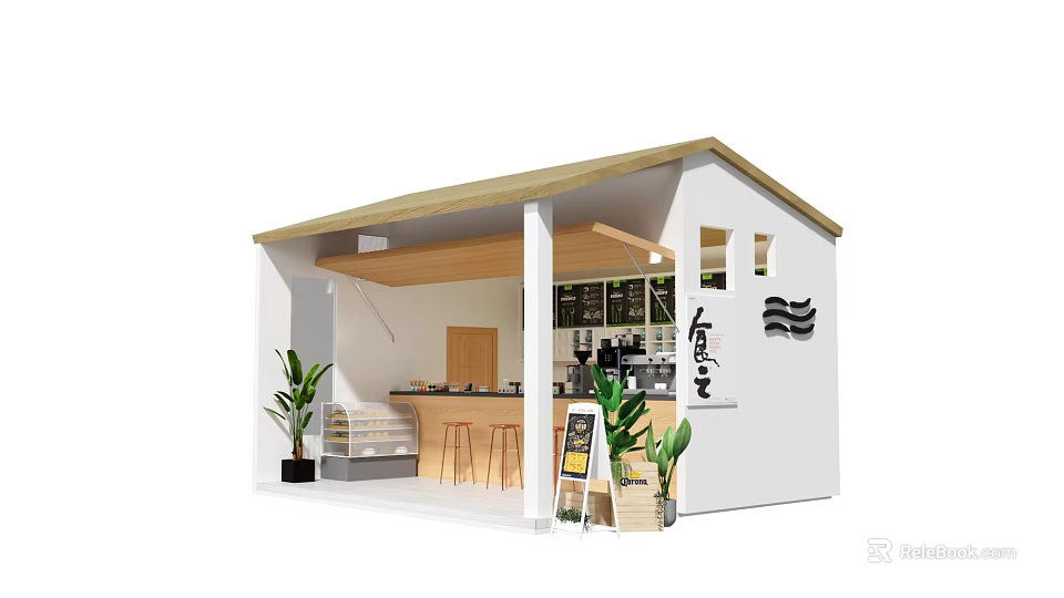 Modern Container Building Cafe With Open Design Bar Counter And Green Plants 3d model 