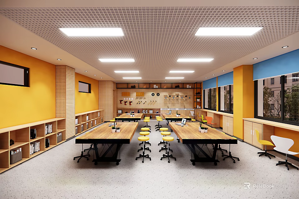 Bright School Classroom With Yellow Walls Long Wooden Tables Yellow Chairs Bookshelves And Ceiling Lights 3d model 
