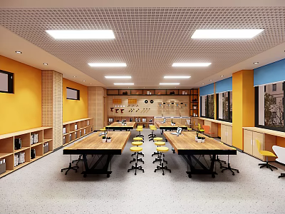 Bright School Classroom With Yellow Walls Long Wooden Tables Yellow Chairs Bookshelves And Ceiling Lights 3d model