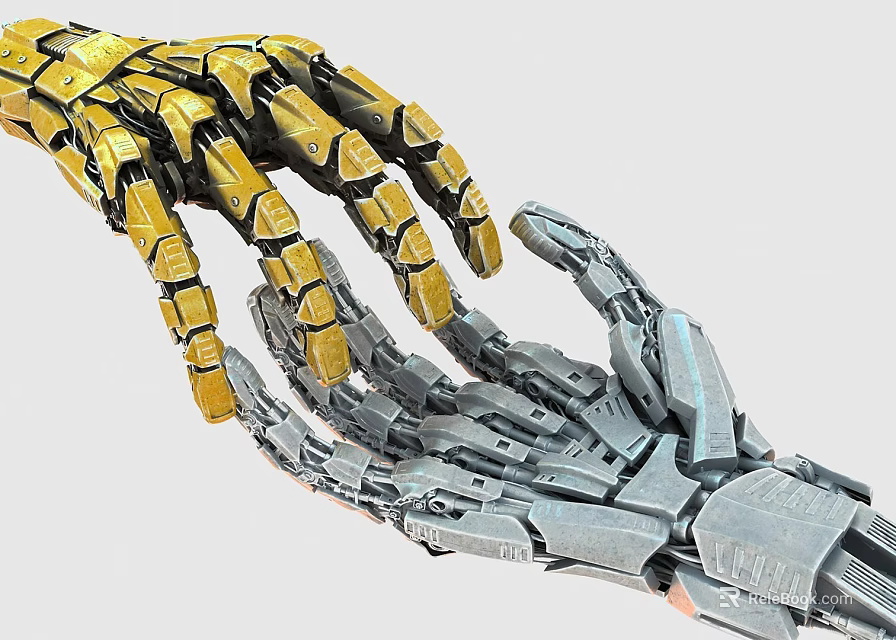 Intricate Golden And Silver Mechanical Hand Sculpture With Touching Palms 3d model 