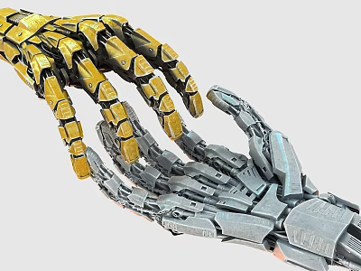 Intricate Golden And Silver Mechanical Hand Sculpture With Touching Palms 3d model