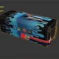 Blue And Silver Household Appliance With Flame Pattern Super Power Label And Red Bottom Part