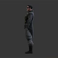 Stylized 3D Character In Dark Uniform With Yellow Buttons And Black Gloves Standing