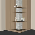 Elegant Decorative Cabinet With Layered Shelves Textured Column Lighting And Books