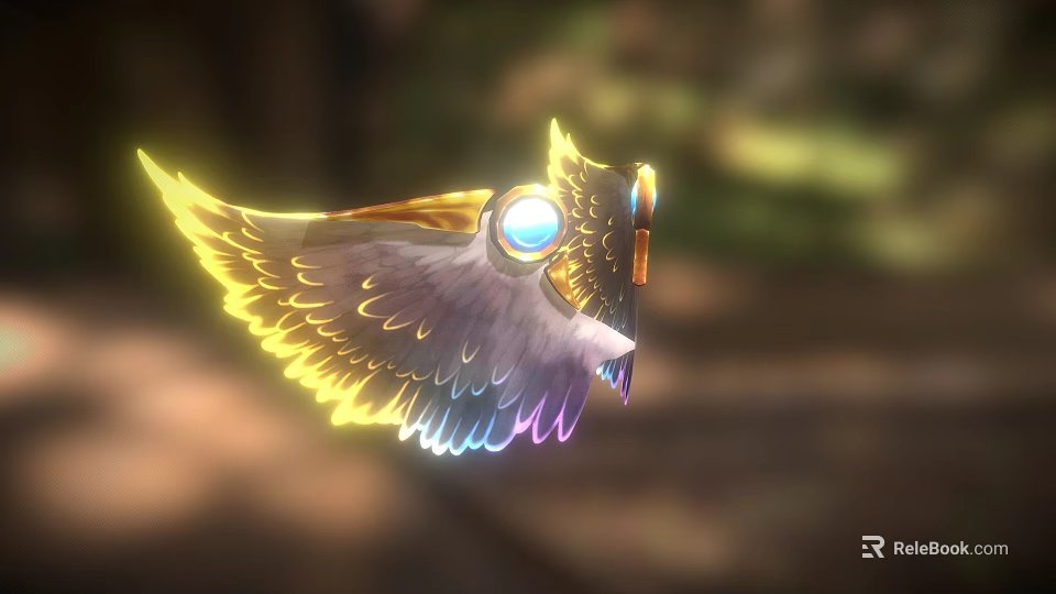 Mythical Game Movie Character With Vibrant Yellow Purple Glowing Wings And Blue Gem 3d model 