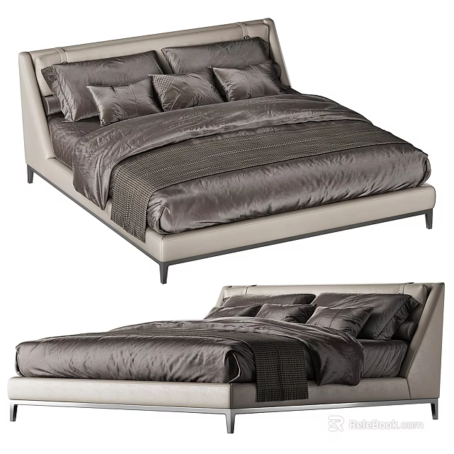 Modern Elegant Double Bed With Upholstered Headboard Gray Bedding And Soft Pillows 3d model