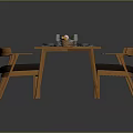 Wooden Dining Table Set With Four Chairs Tableware Placemats And Flower Vase