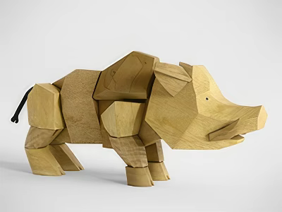 Wooden Wild Boar Sculpture With Geometric Block Design And Natural Wood Material 3d model