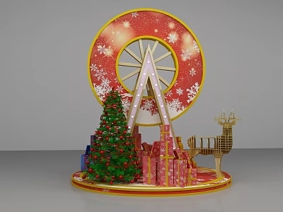 Festive Christmas Decoration Display With Ferris Wheel Tree Gift Boxes And Reindeer 3d model