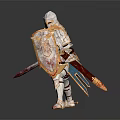 Game Movie Character Knight in Red Decorative Armor With Bloody Sword Shield and Battle Pose