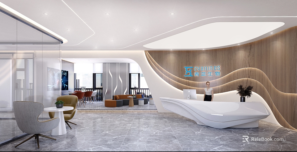 Modern Office Reception Desk With Wooden Panel Background Company Logo And Receptionist In Sleek Design 3d model 