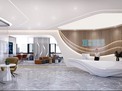 Modern Office Reception Desk With Wooden Panel Background Company Logo And Receptionist In Sleek Design 3d model