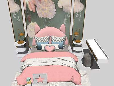 Pink Kids Bed with Cat Ear Pillows Heart Shaped Cushion Cloud Decor and Small Lamps 3d model