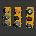 Three Yellow Traffic Lights With Classic Design And Round Metal Lenses