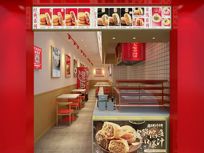Shopping Mall Food Store with Red Interior Tables Chairs and Food Display Posters 3d model