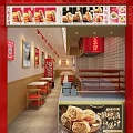 Shopping Mall Food Store with Red Interior Tables Chairs and Food Display Posters