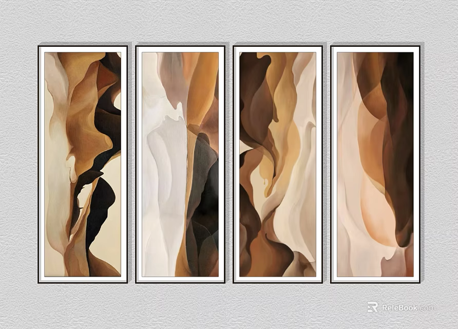 Abstract Wall Art Set of Four Featuring Brown Beige Black White Curved Patterns 3d model 