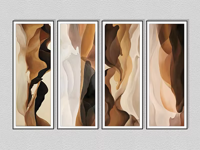 Abstract Wall Art Set of Four Featuring Brown Beige Black White Curved Patterns 3d model