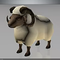 Cartoon Style 3D Sheep Model with White Wool Brown Head Curved Horns and Yellow Eyes