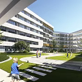 Modern Multi Story School Building With Courtyard Greenery And Students Playing