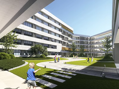 Modern Multi Story School Building With Courtyard Greenery And Students Playing 3d model