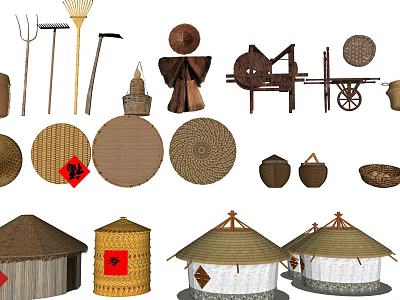 Classic Handwoven Straw Hat With Traditional Rural Farm Tools And Crafts 3d model