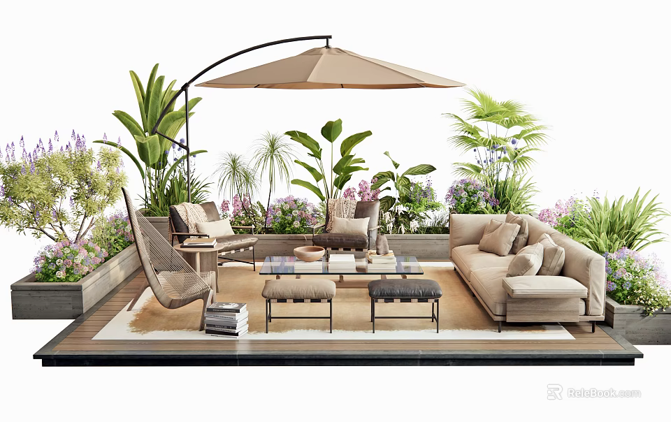 Comfortable Outdoor Sofa In Modern Lounge Area With Umbrella Coffee Table And Green Plants 3d model 