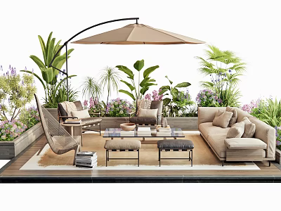 Comfortable Outdoor Sofa In Modern Lounge Area With Umbrella Coffee Table And Green Plants 3d model