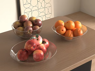 Colorful Fresh Fruits Including Apples Oranges in Clear Glass Bowls on Wooden Table 3d model