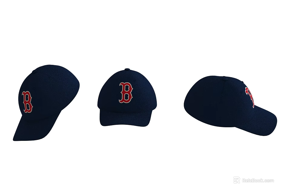 Navy Blue Baseball Cap With Red B Logo Shown From Different Angles 3d model 